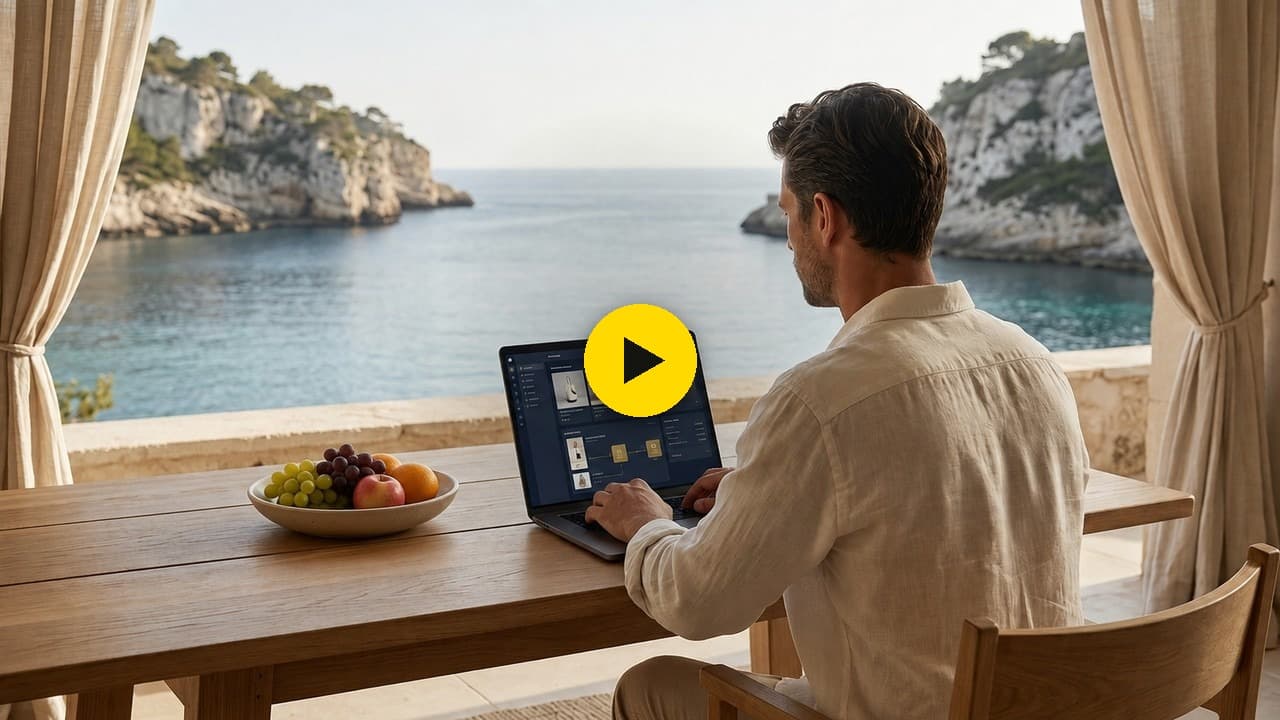 A store owner working on a laptop showing the Evolvinglane dashboard, overlooking the sea — tap to play the 1:11 walkthrough