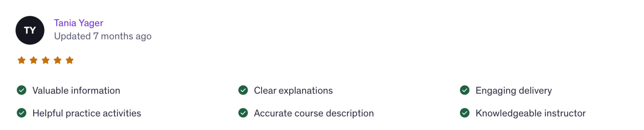 5-star student review — AI e-commerce course Five-star Udemy review from Tania: valuable information, clear explanations and a knowledgeable instructor.
