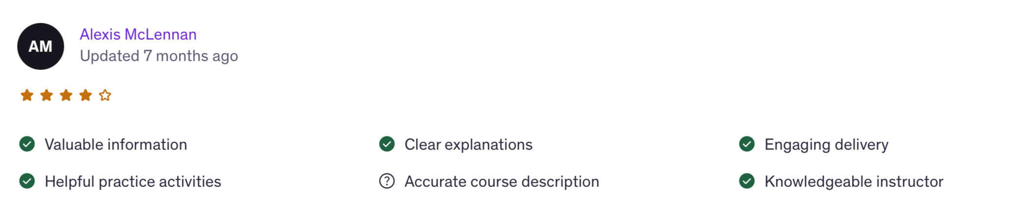 Four-star Udemy review from Alexis: valuable information, clear explanations and engaging delivery.