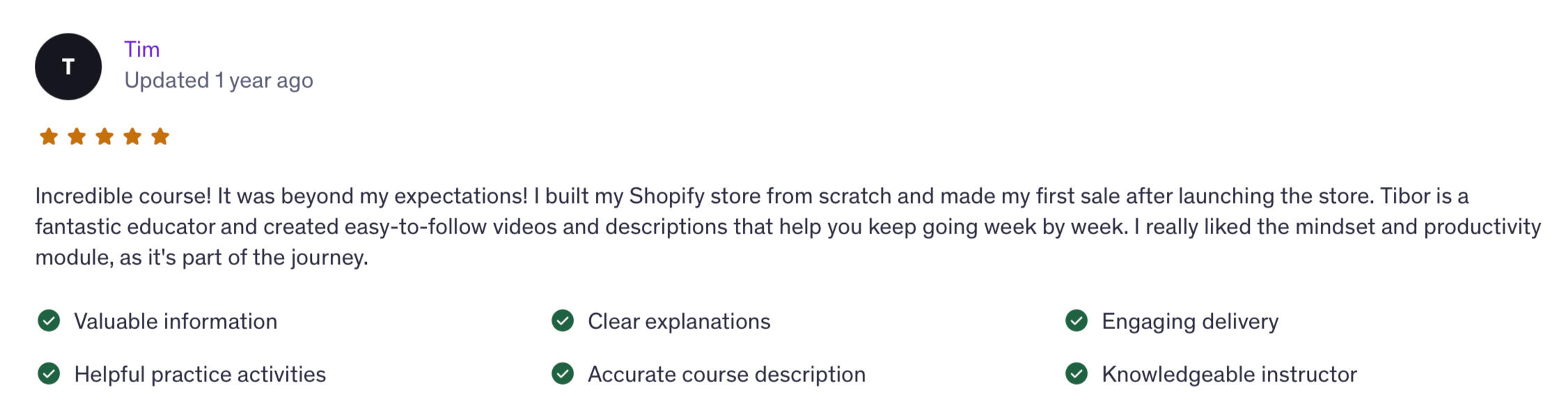Five-star Udemy review from Tim: built a Shopify store from scratch and made a first sale after launching.
