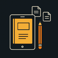 Flat illustration of a tablet displaying a document, with a pencil